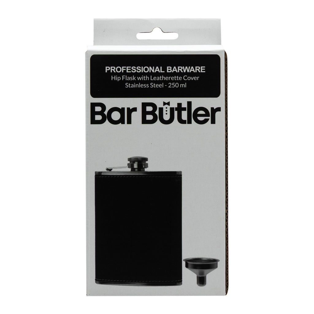BAR BUTLER HIP FLASK ST STEEL WITH BLACK LEATHERETTE COVER AND FUNNEL, 250ML