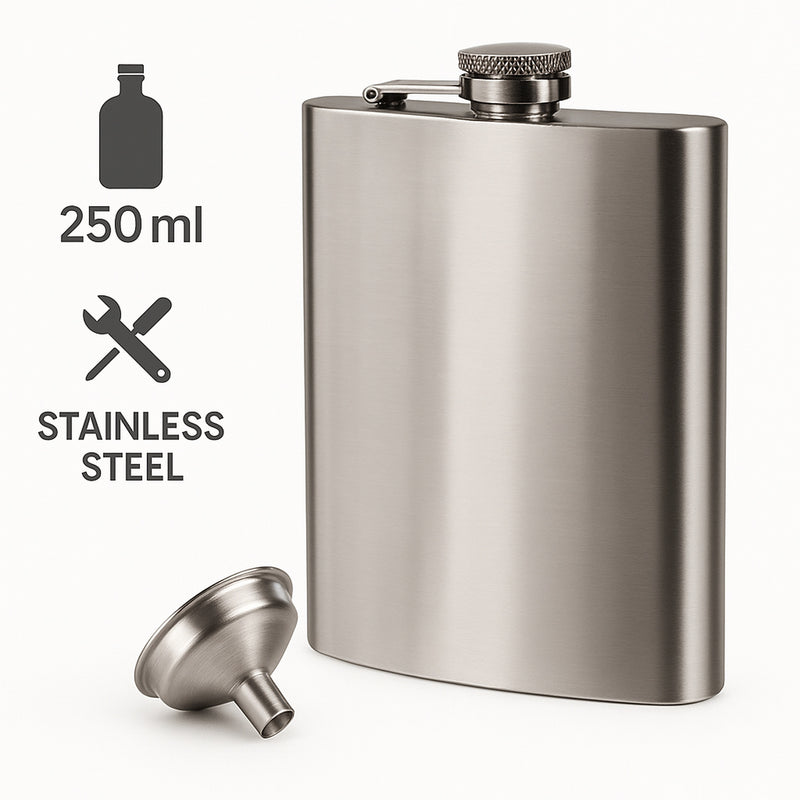 BAR BUTLER HIP FLASK WITH FUNNEL ST STEEL, 250ML
