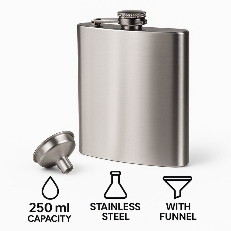BAR BUTLER HIP FLASK WITH FUNNEL ST STEEL, 250ML