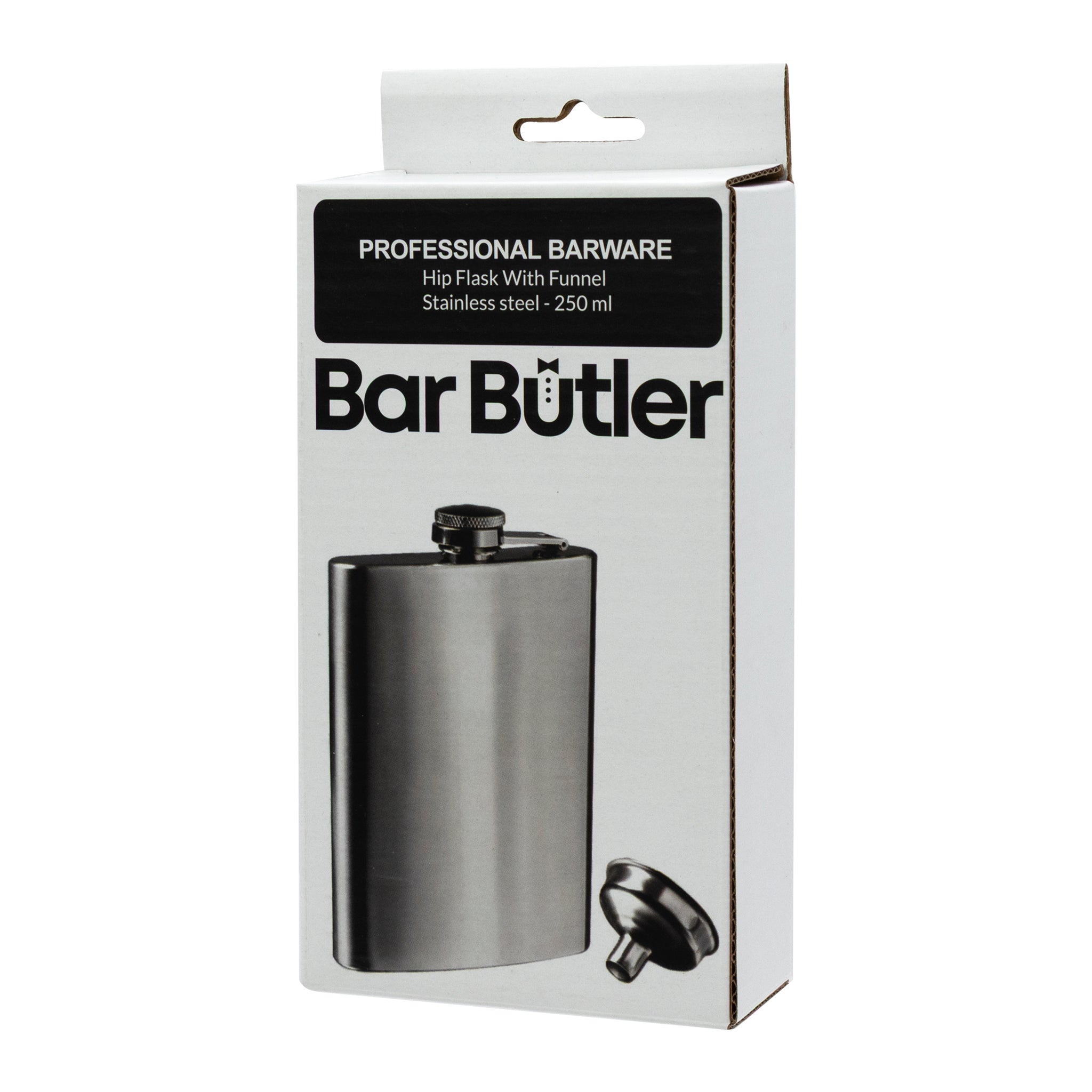 BAR BUTLER HIP FLASK WITH FUNNEL ST STEEL, 250ML