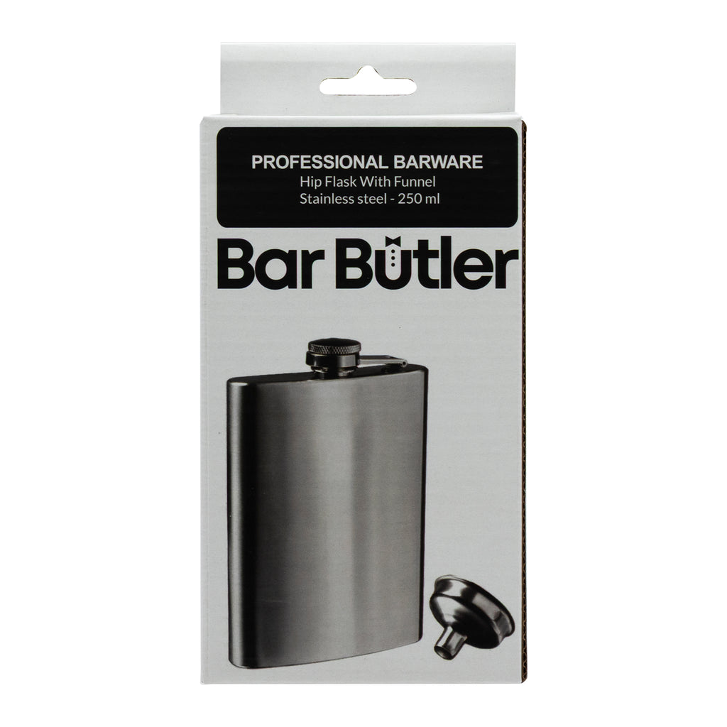 BAR BUTLER HIP FLASK WITH FUNNEL ST STEEL, 250ML