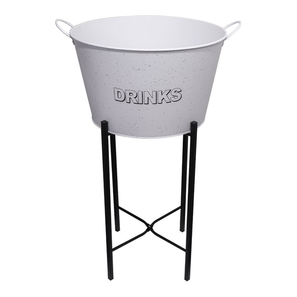 BAR BUTLER WINE BUCKET WITH HANDLES WHITE MOTTLED BLACK 18LT ON BLACK STAND, (455/390MM DIAX715MM)