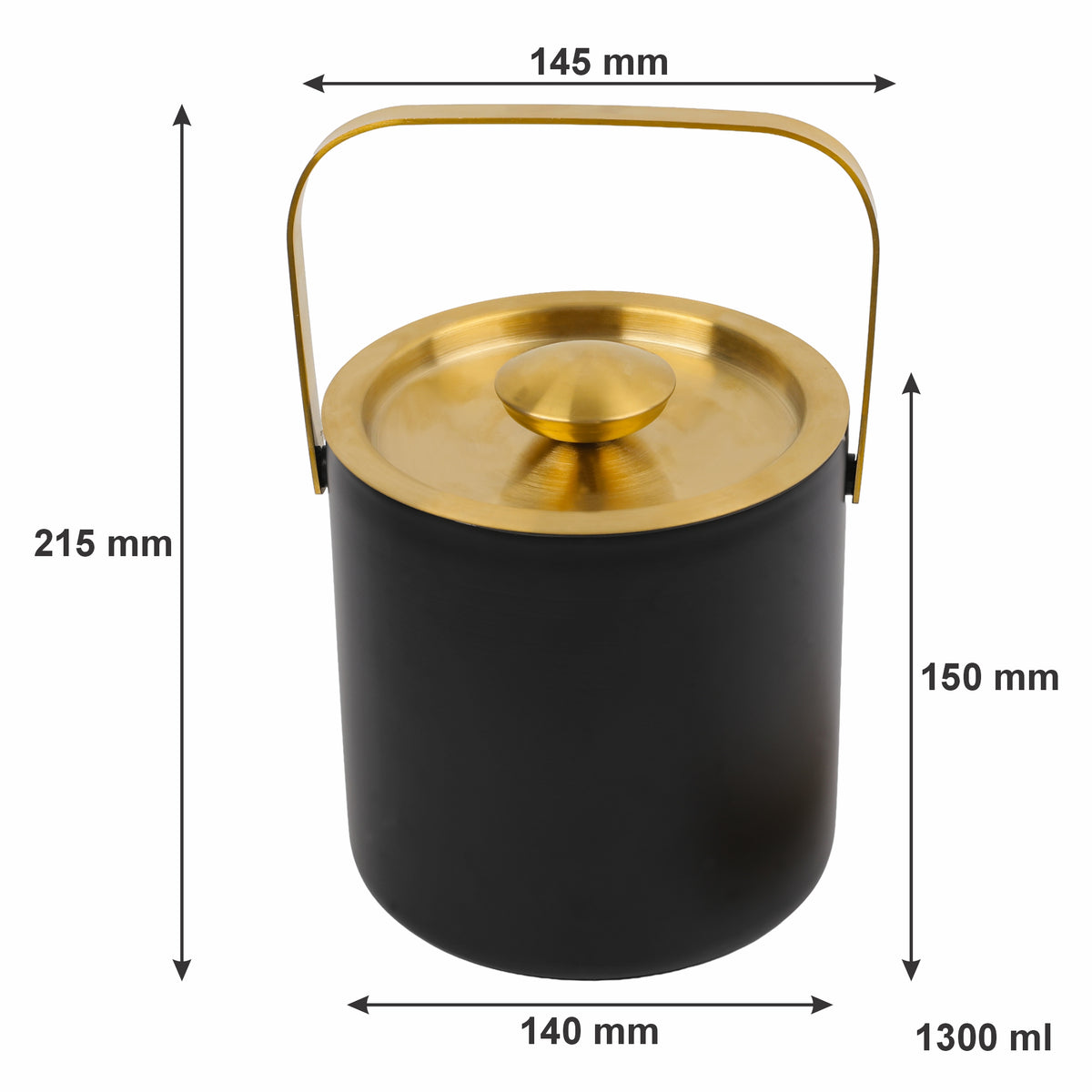 BAR BUTLER DOUBLE WALLED ICE BUCKET BLACK & GOLD WITH HANDLE, LID & TONG, 1.3L