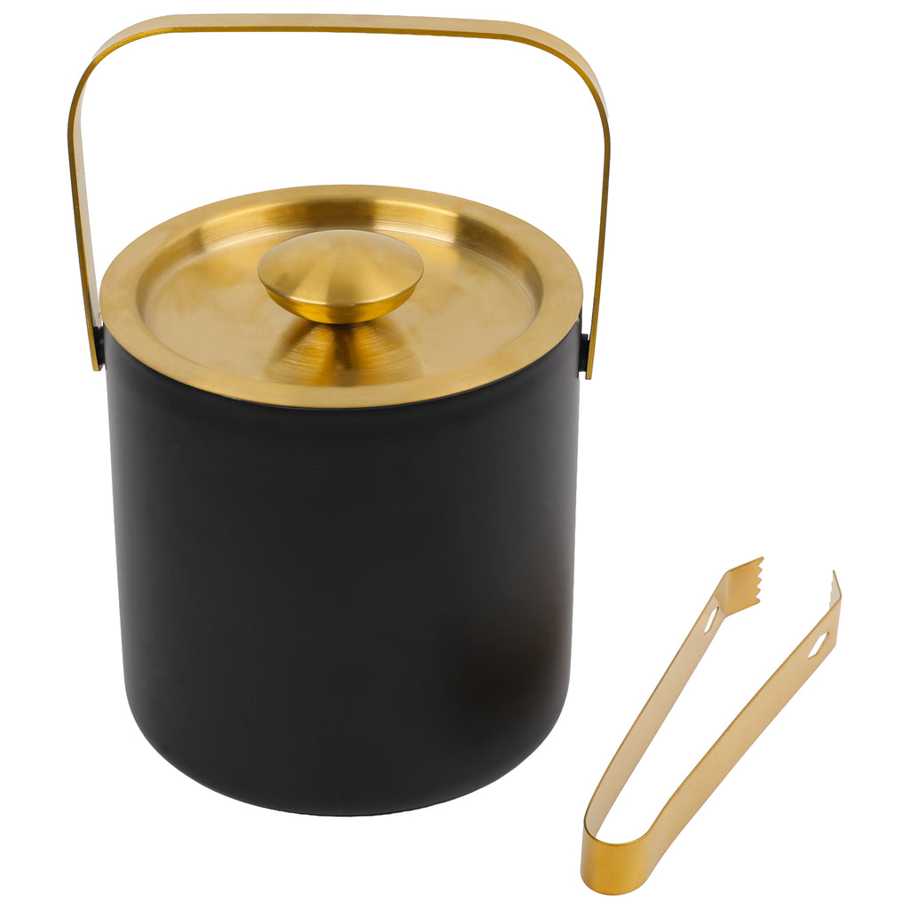 BAR BUTLER DOUBLE WALLED ICE BUCKET BLACK & GOLD WITH HANDLE, LID & TONG, 1.3L