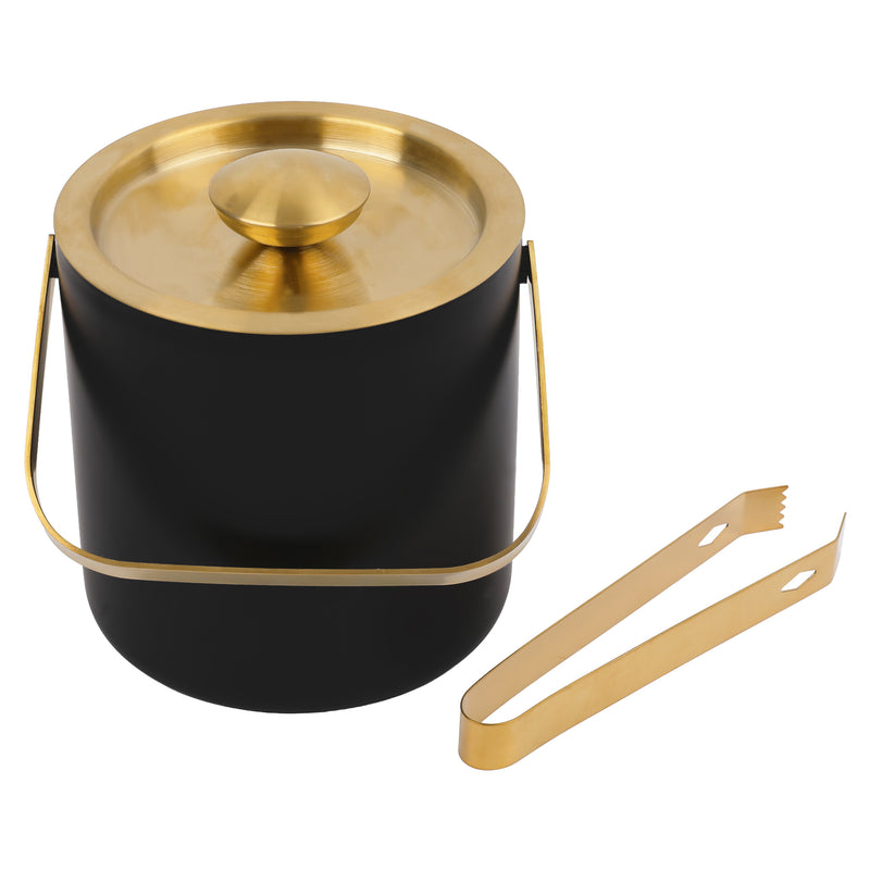 BAR BUTLER DOUBLE WALLED ICE BUCKET BLACK & GOLD WITH HANDLE, LID & TONG, 1.3L