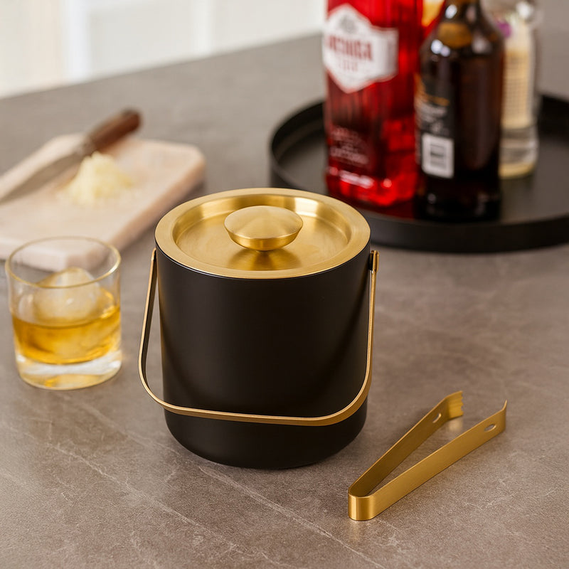 BAR BUTLER DOUBLE WALLED ICE BUCKET BLACK & GOLD WITH HANDLE, LID & TONG, 1.3L