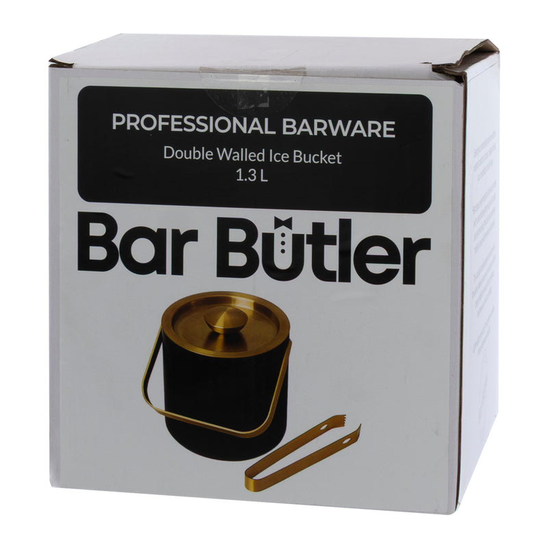 BAR BUTLER DOUBLE WALLED ICE BUCKET BLACK & GOLD WITH HANDLE, LID & TONG, 1.3L