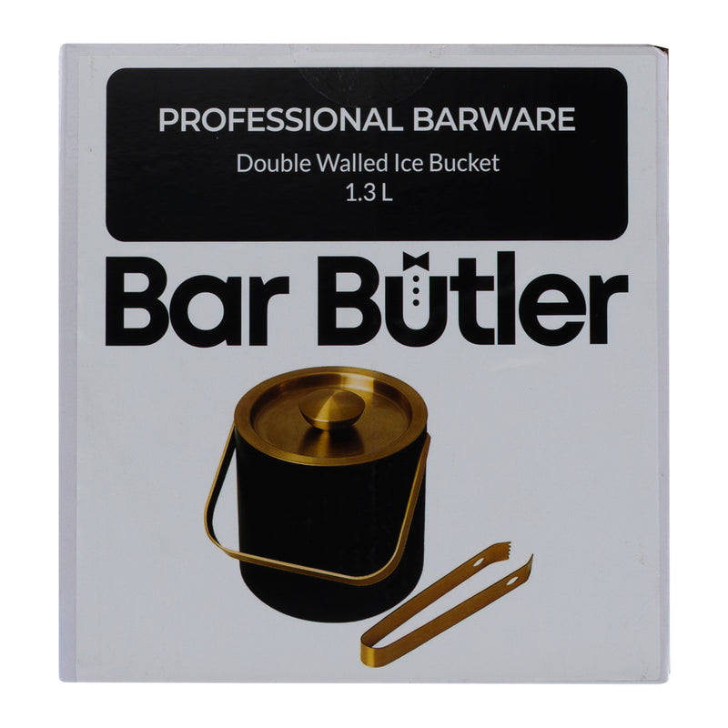 BAR BUTLER DOUBLE WALLED ICE BUCKET BLACK & GOLD WITH HANDLE, LID & TONG, 1.3L