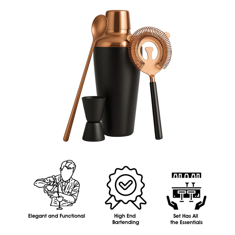 BAR BUTLER COCKTAIL SHAKER MATTE BLACK & ROSE GOLD 4PCS BAR SET, 700ML