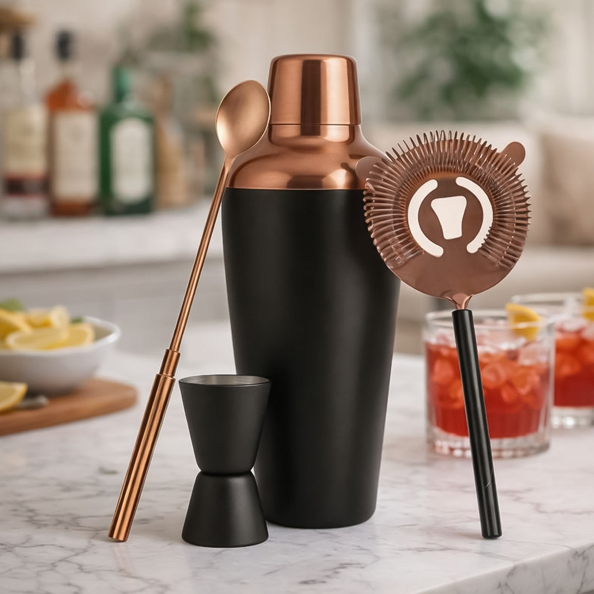 BAR BUTLER MATTE BLACK COCKTAIL AND ROSE GOLD SHAKER 4PCS SET