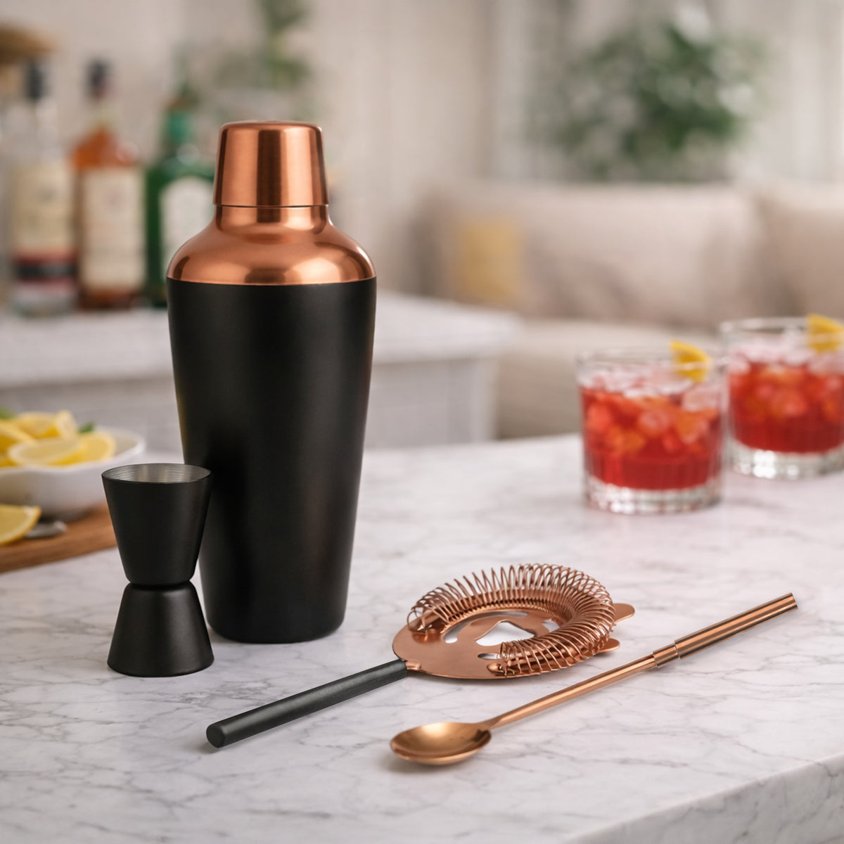 BAR BUTLER MATTE BLACK COCKTAIL AND ROSE GOLD SHAKER 4PCS SET