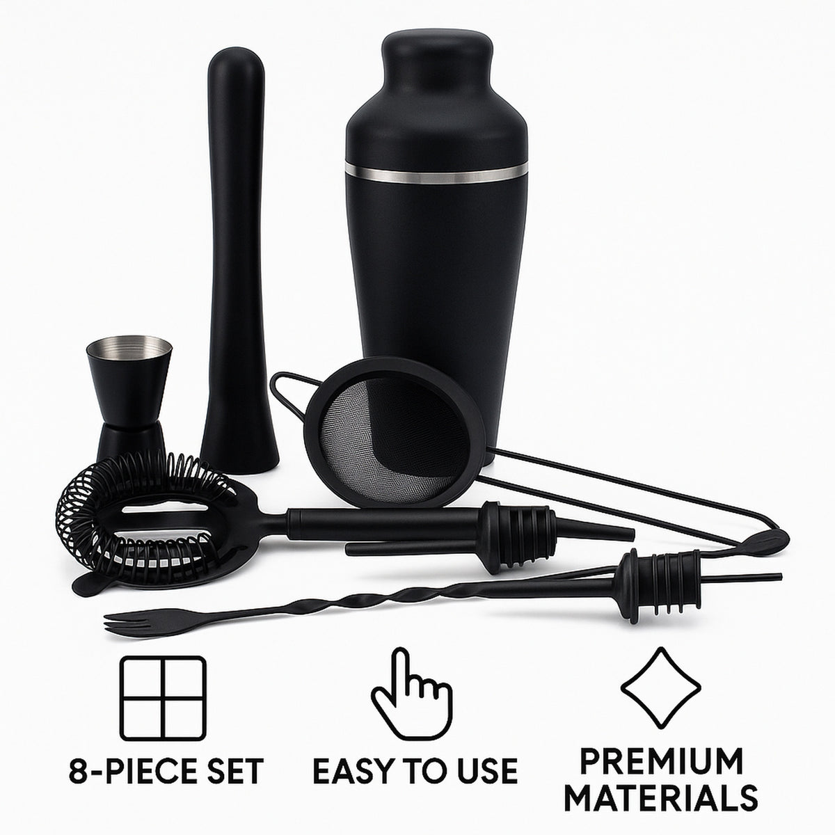 BAR BUTLER COCKTAIL BAR SHAKER ST STEEL MATTE BLACK 8PCS SET