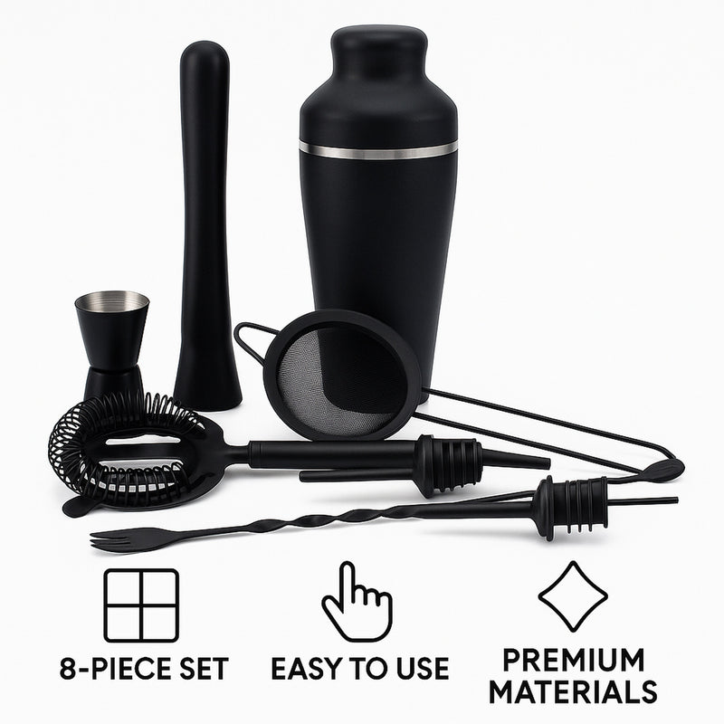 BAR BUTLER COCKTAIL BAR SHAKER 8 PIECE SET ST STEEL MATTE BLACK, 600ML