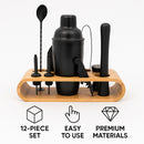 BAR BUTLER COCKTAIL BAR SET, 12 PIECES ST STEEL MATTE BLACK ON A BAMBOO CADDY