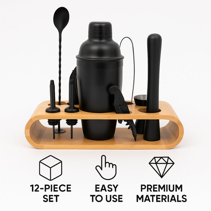 BAR BUTLER COCKTAIL BAR SET, 12 PIECES ST STEEL MATTE BLACK ON A BAMBOO CADDY