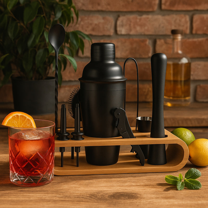 BAR BUTLER COCKTAIL BAR SET, 12 PIECES ST STEEL MATTE BLACK ON A BAMBOO CADDY