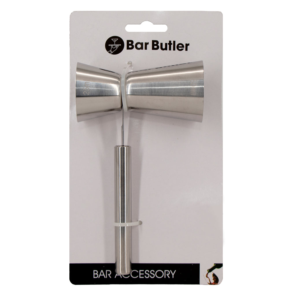 BAR BUTLER DOUBLE TOT MEASURE 25ML/50ML WITH HANDLE ST STEEL, (150X88X43MM DIA)