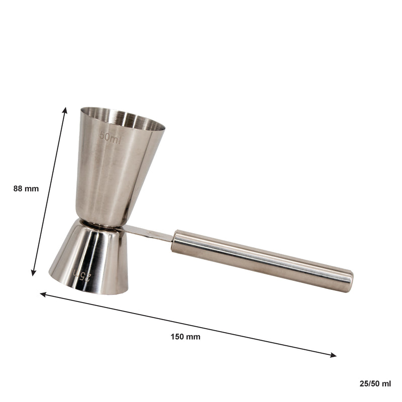 BAR BUTLER DOUBLE TOT MEASURE 25/50ML WITH HANDLE STAINLESS STEEL, (150X88X43MM DIA)
