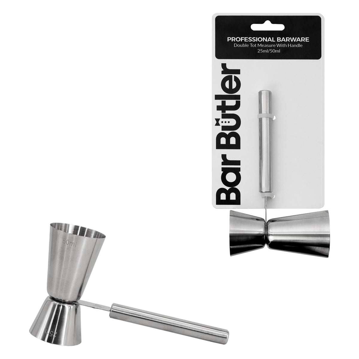 BAR BUTLER DOUBLE TOT MEASURE WITH HANDLE ST STEEL, 25ML/50ML