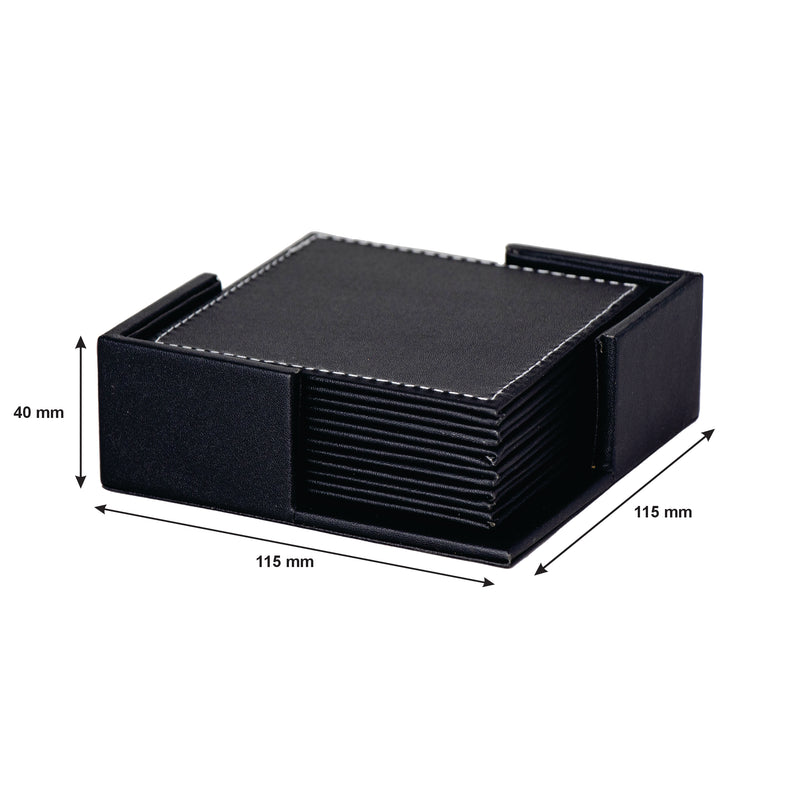 BAR BUTLER SQUARE LEATHERETTE COASTERS IN HOLDER 7 PIECE SET, (115X115X42MM)