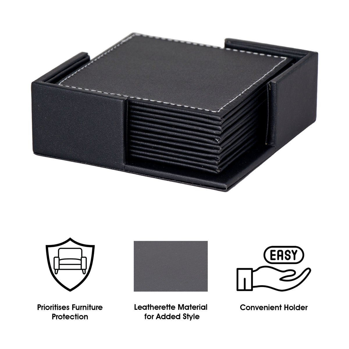 BAR BUTLER SQUARE LEATHERETTE COASTERS 100X100MM IN HOLDER 7 PIECE SET