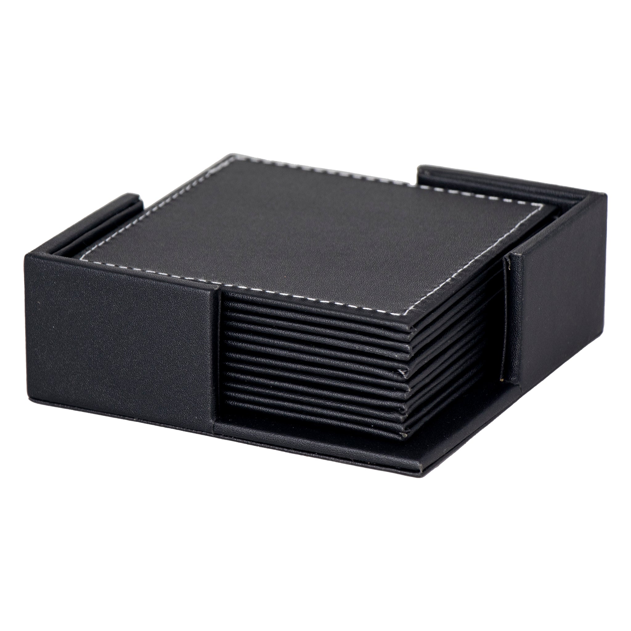 BAR BUTLER SQUARE LEATHERETTE COASTERS IN HOLDER 7PC SET