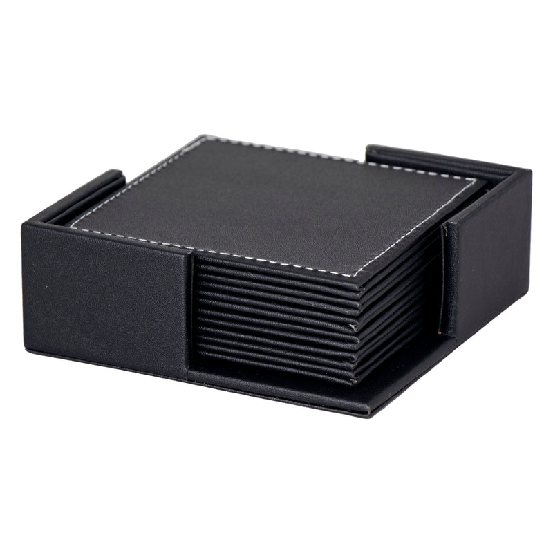 BAR BUTLER SQUARE LEATHERETTE COASTERS IN HOLDER 7 PIECE SET, (115X115X42MM)