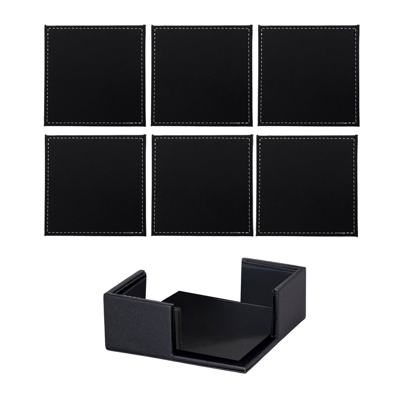 BAR BUTLER SQUARE LEATHERETTE COASTERS IN HOLDER 7PCS SET