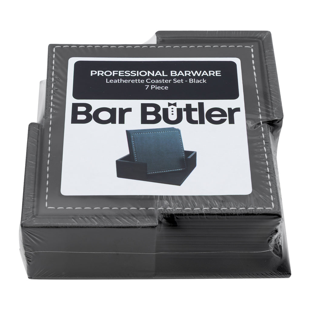 BAR BUTLER SQUARE LEATHERETTE COASTERS 100X100MM IN HOLDER 7 PIECE SET