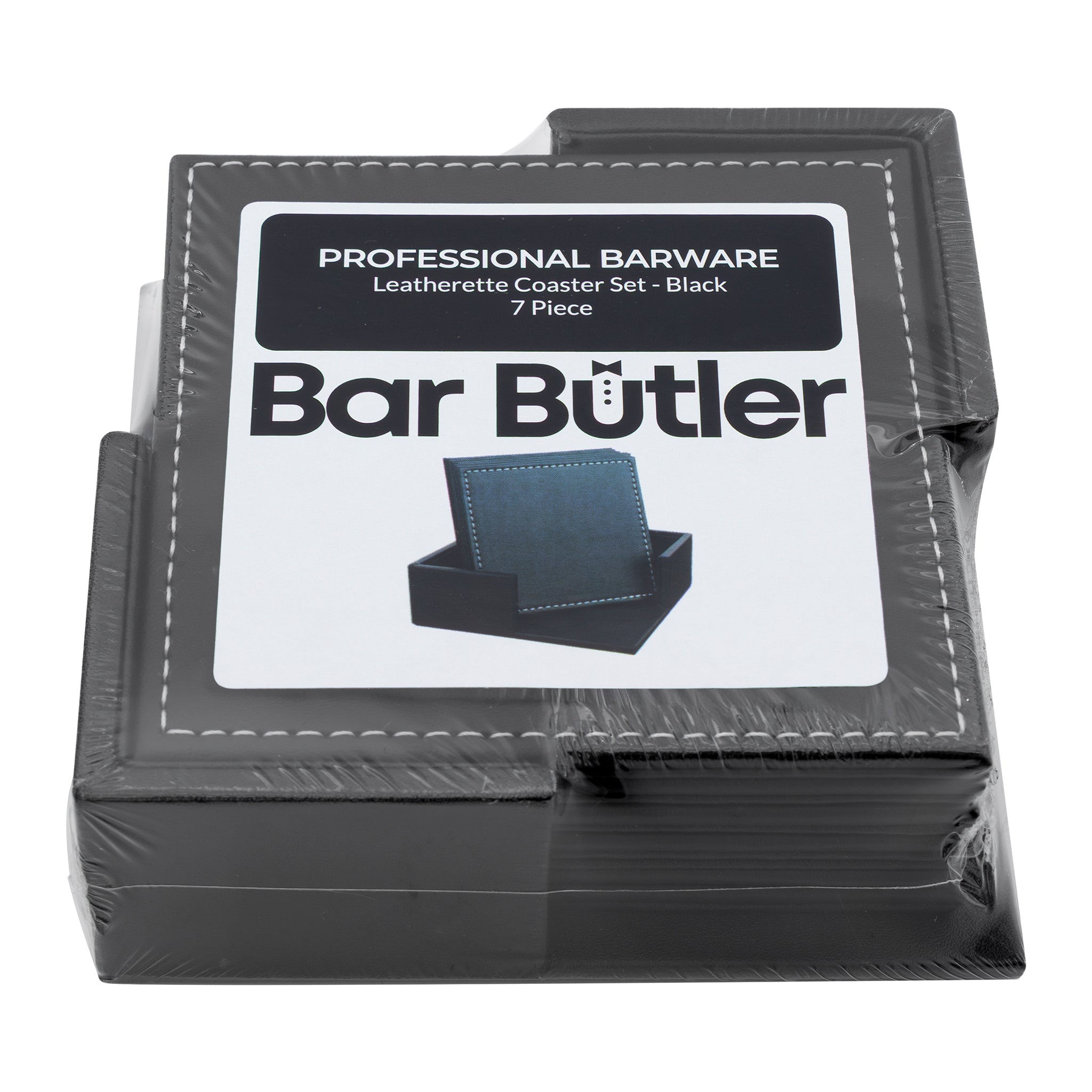 BAR BUTLER SQUARE LEATHERETTE COASTERS IN HOLDER 7PC SET