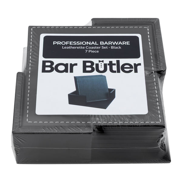 BAR BUTLER SQUARE LEATHERETTE COASTERS IN HOLDER 7PCS SET