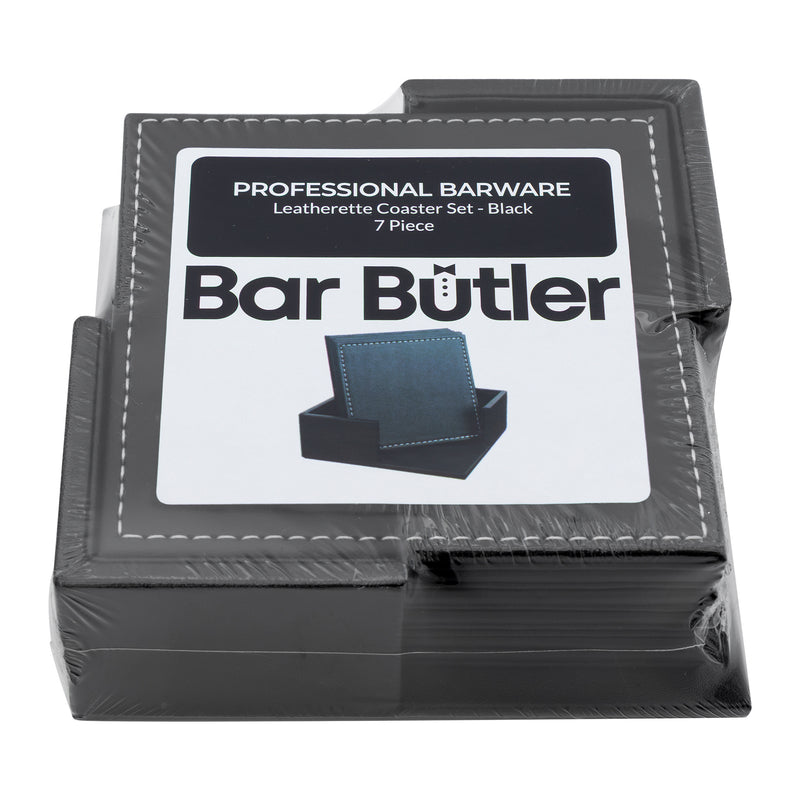 BAR BUTLER SQUARE LEATHERETTE COASTERS IN HOLDER 7PCS SET