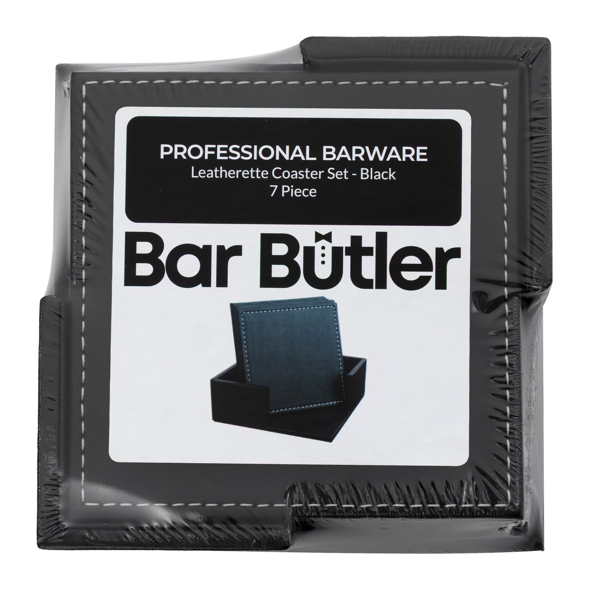 BAR BUTLER SQUARE LEATHERETTE COASTERS 100X100MM IN HOLDER 7 PIECE SET