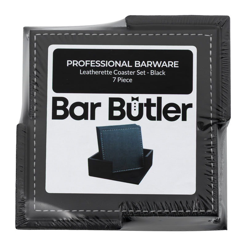 BAR BUTLER SQUARE LEATHERETTE COASTERS IN HOLDER 7PCS SET