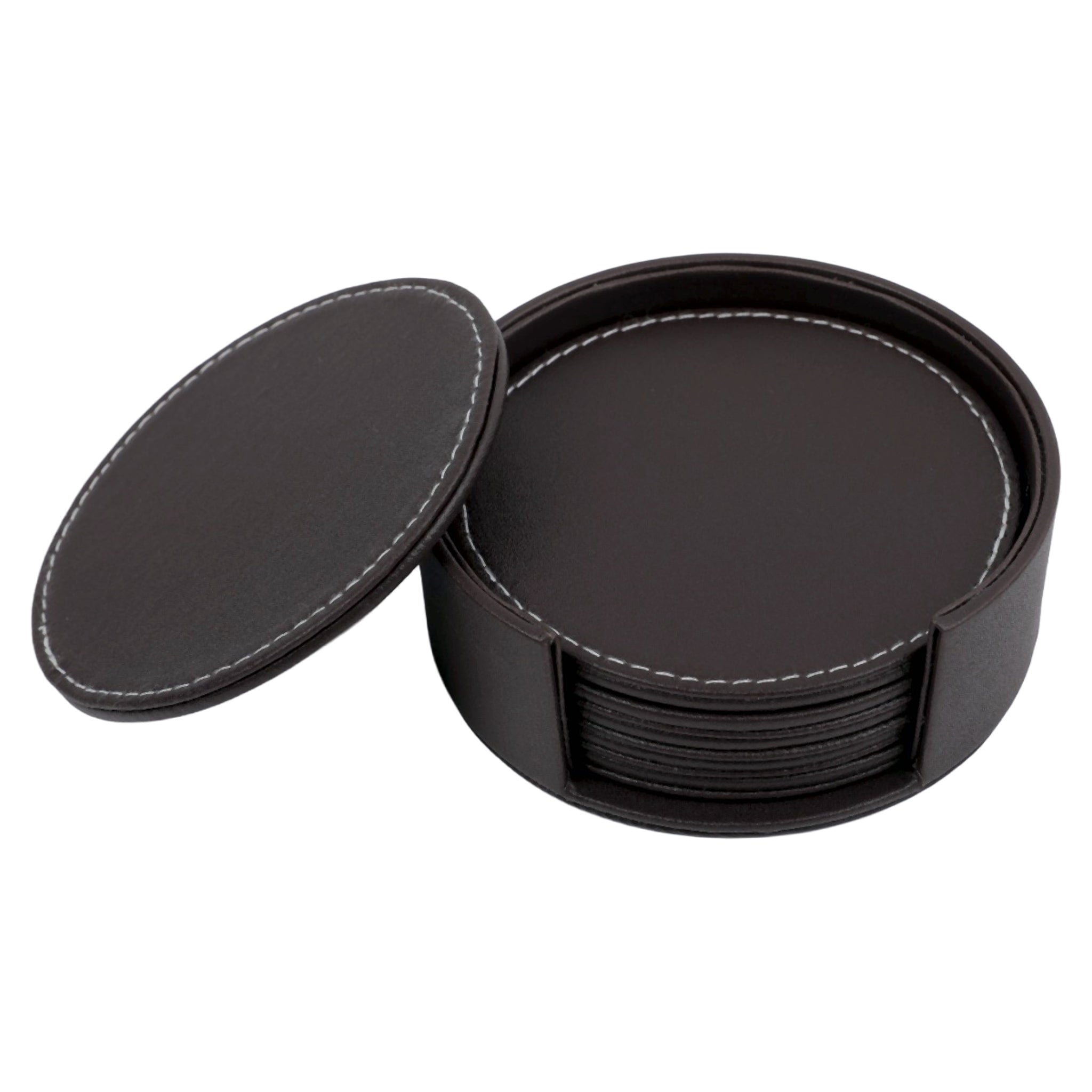 BAR BUTLER ROUND LEATHERETTE COASTERS IN HOLDER 7PCS SET