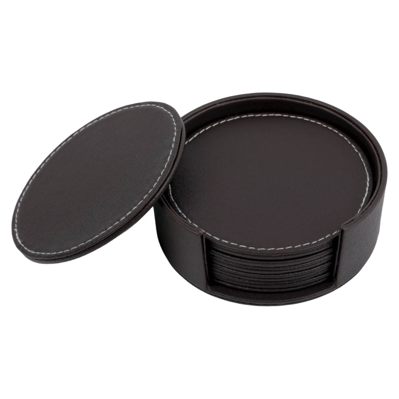 BAR BUTLER ROUND LEATHERETTE COASTERS IN HOLDER 7PCS SET