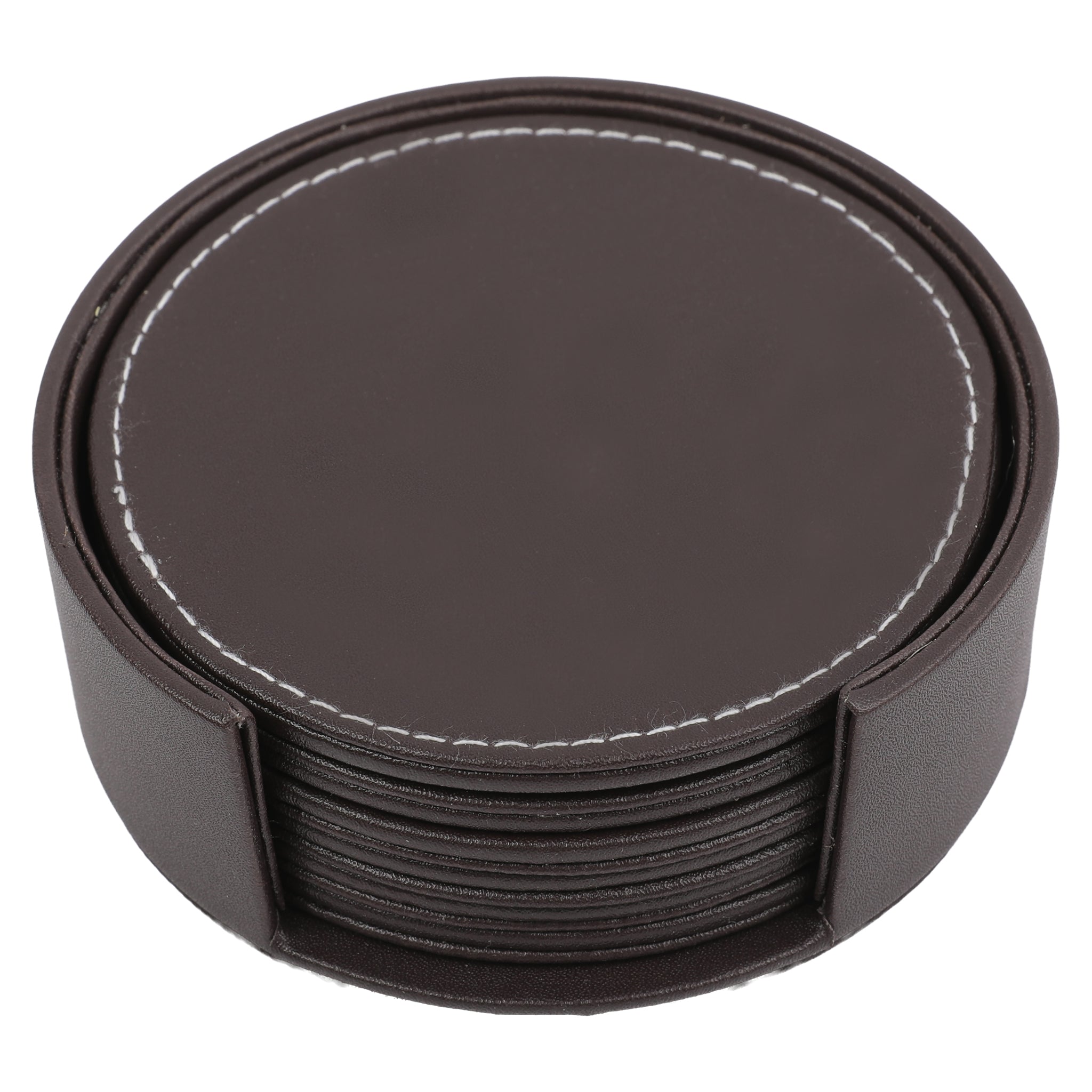 BAR BUTLER ROUND LEATHERETTE COASTERS 100MM DIA. IN HOLDER 7 PIECE SET