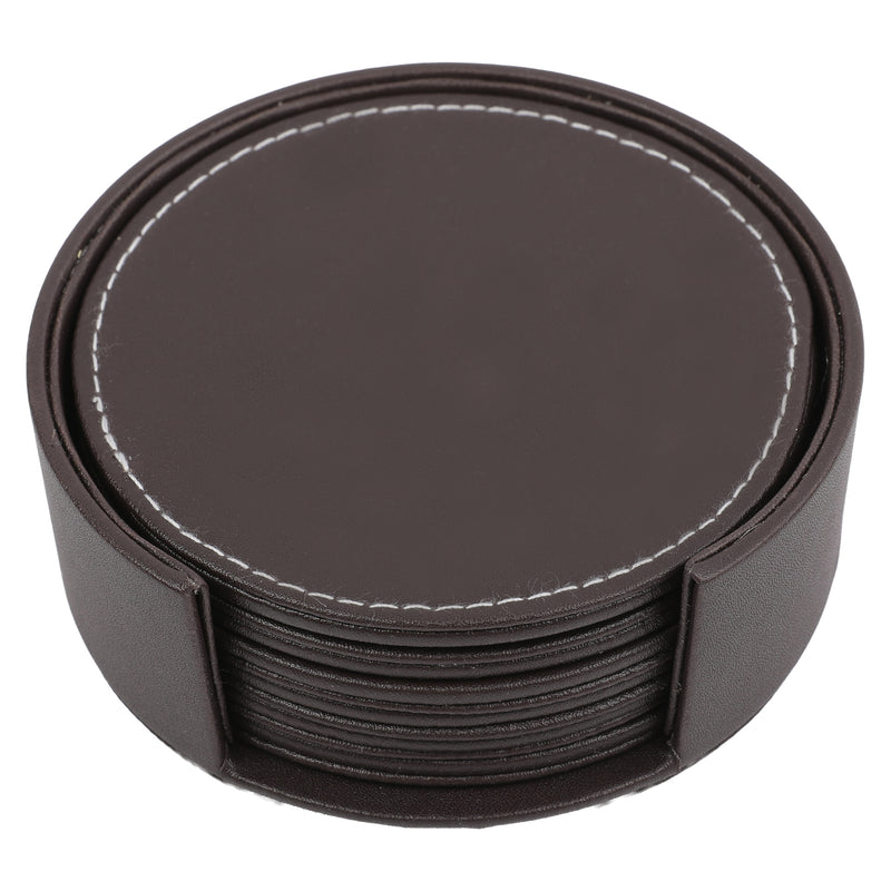 BAR BUTLER ROUND LEATHERETTE COASTERS IN HOLDER 7PCS SET