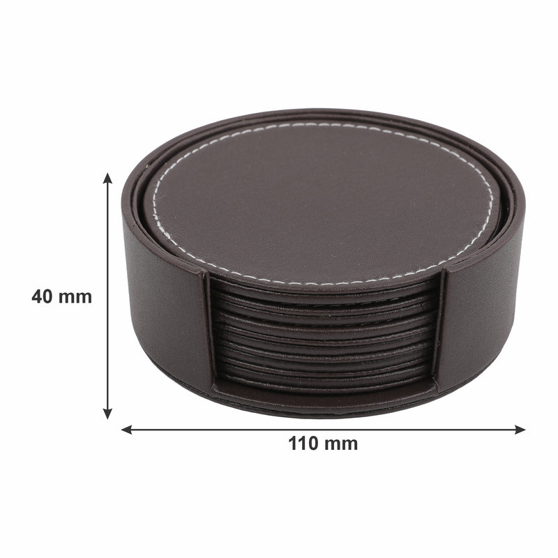 BAR BUTLER ROUND LEATHERETTE COASTERS IN HOLDER 7PCS SET
