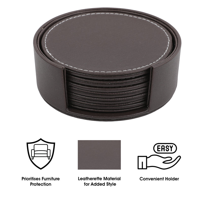 BAR BUTLER ROUND LEATHERETTE COASTERS IN HOLDER 7PCS SET