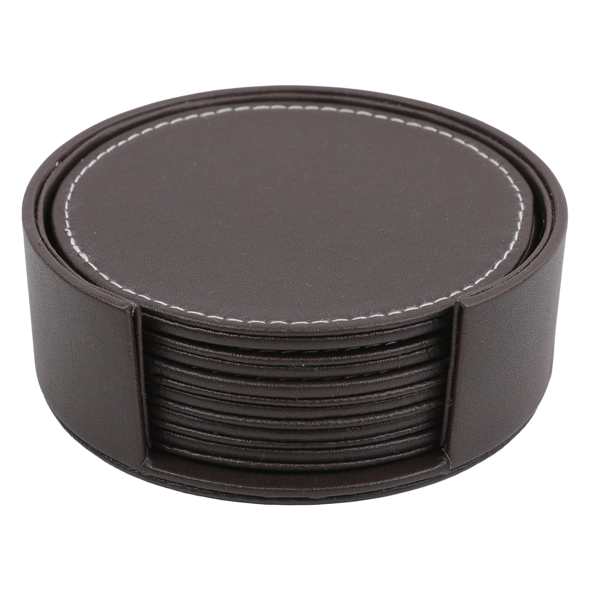 BAR BUTLER ROUND LEATHERETTE COASTERS 100MM DIA. IN HOLDER 7 PIECE SET