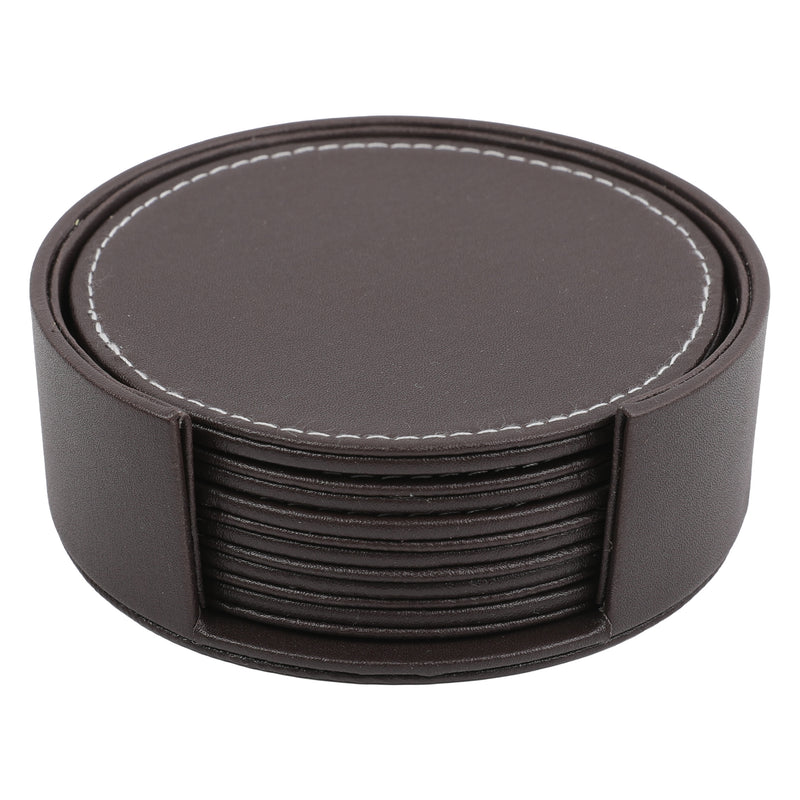 BAR BUTLER ROUND LEATHERETTE COASTERS IN HOLDER 7PCS SET