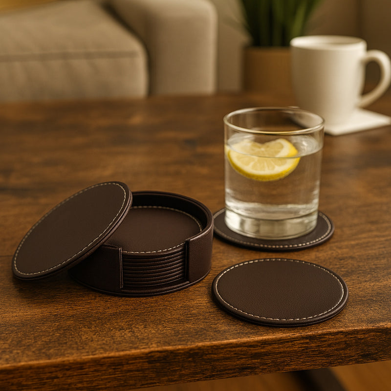 BAR BUTLER ROUND LEATHERETTE COASTERS IN HOLDER 7PK SET