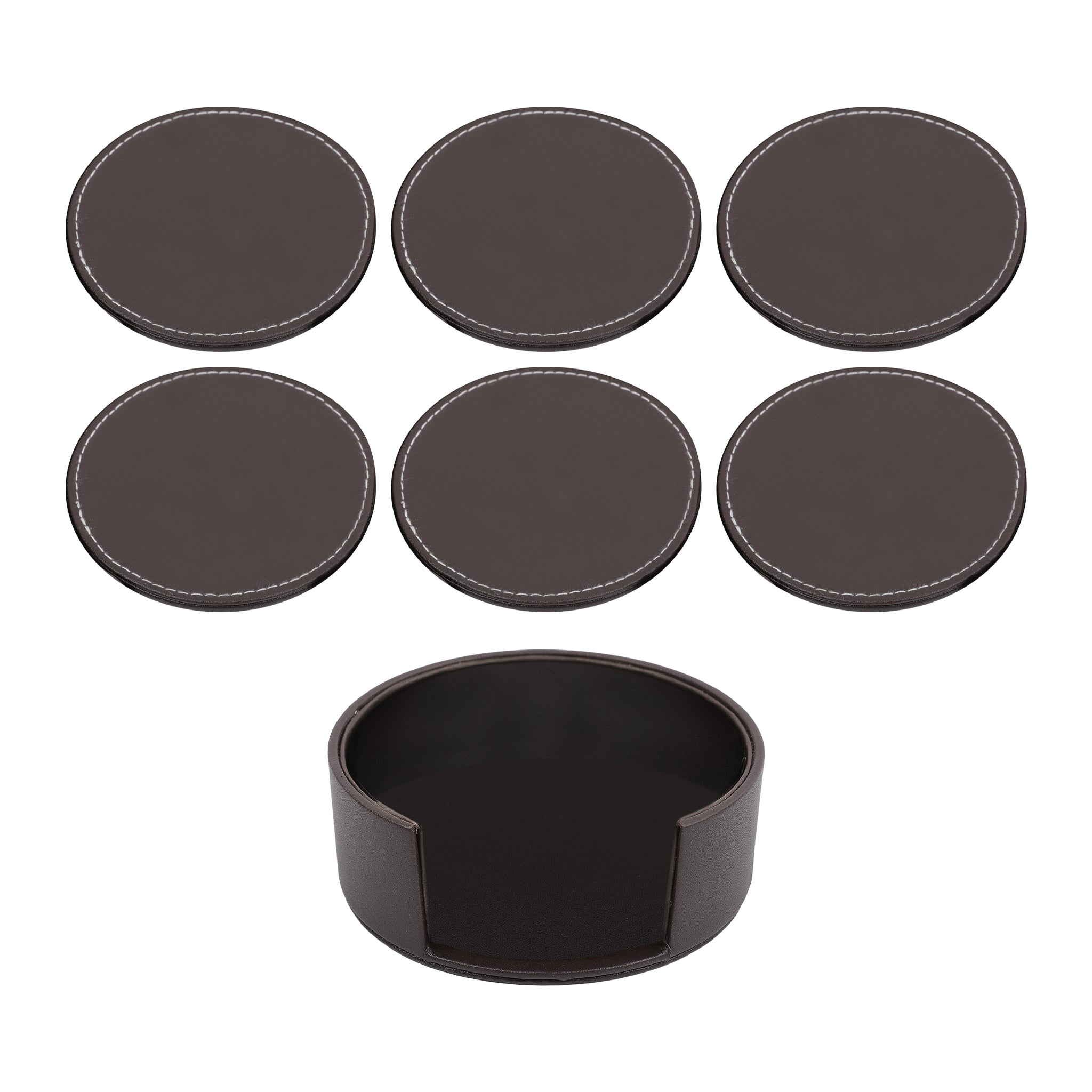 BAR BUTLER ROUND LEATHERETTE COASTERS 100MM DIA. IN HOLDER 7 PIECE SET