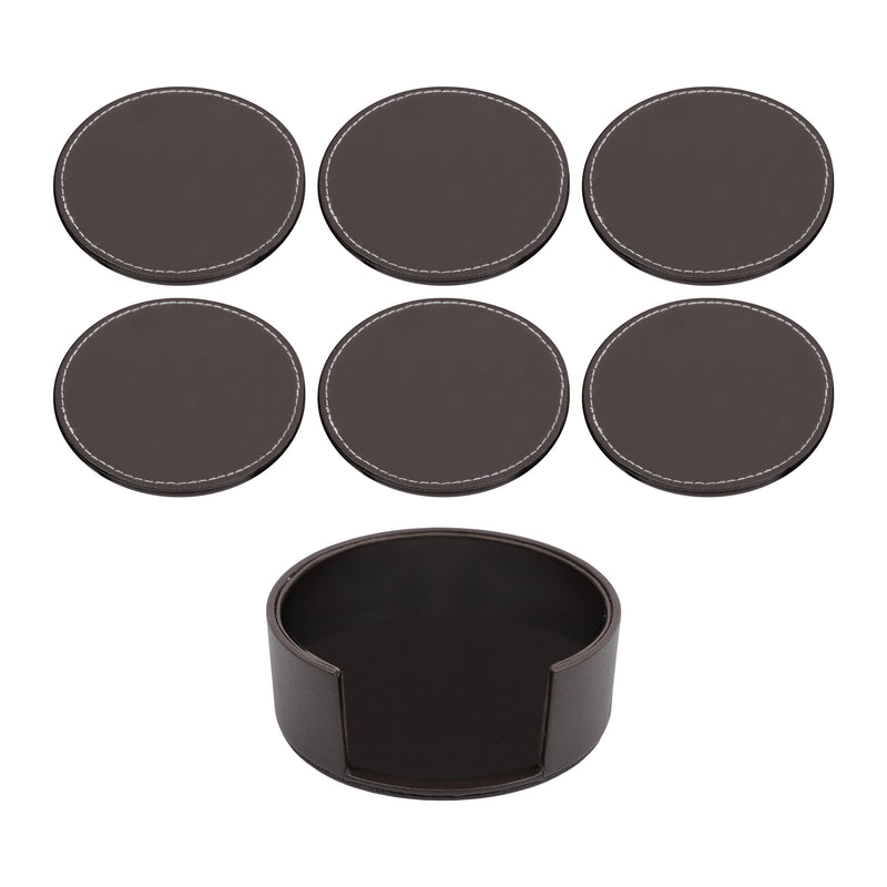 BAR BUTLER ROUND LEATHERETTE COASTERS IN HOLDER 7PCS SET