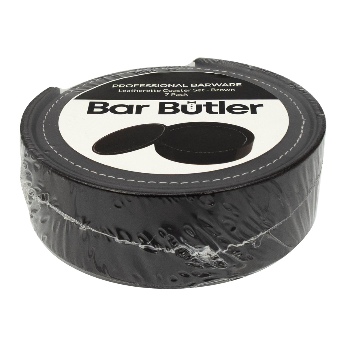BAR BUTLER ROUND LEATHERETTE COASTERS IN HOLDER 7PCS SET, 100MM DIA.
