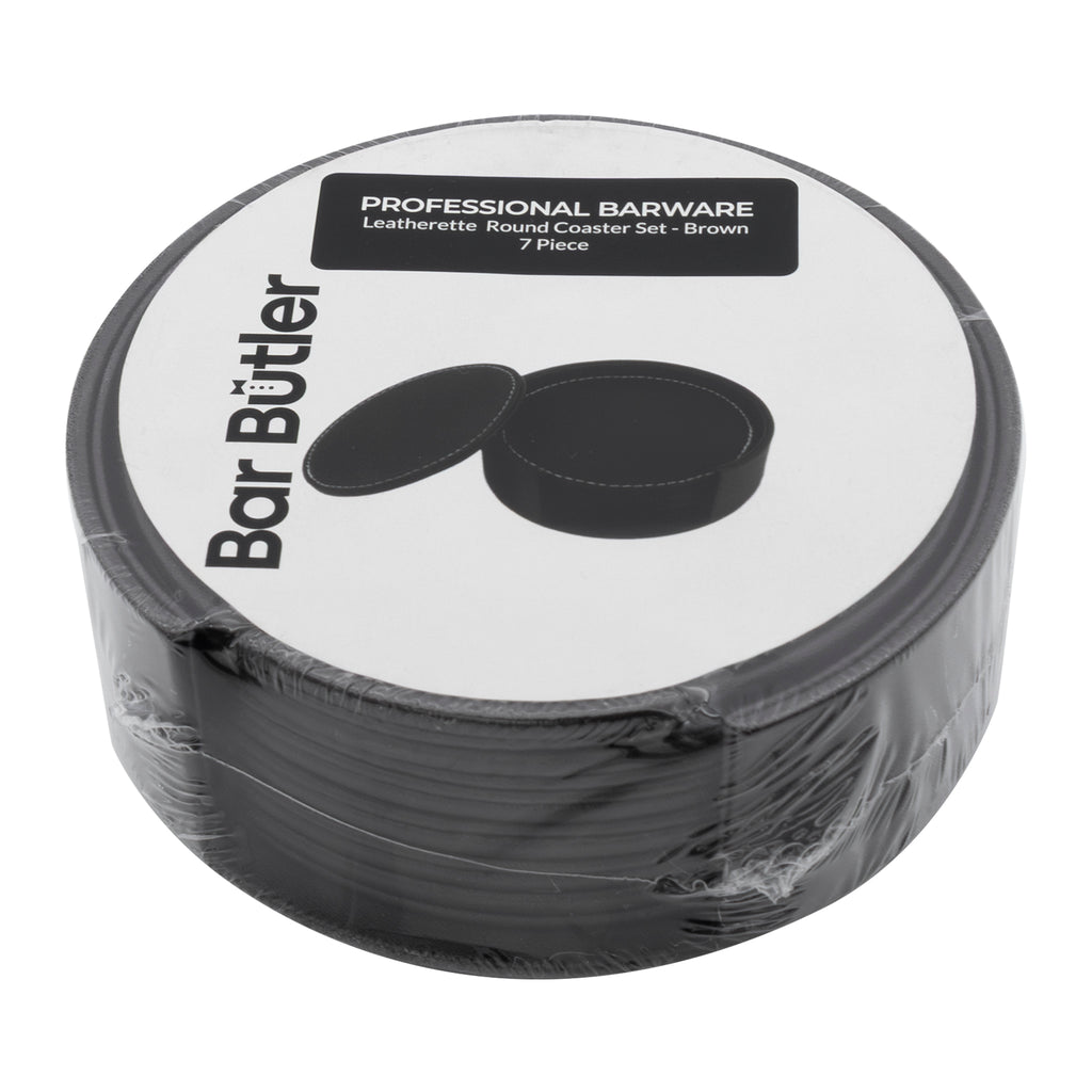 BAR BUTLER ROUND LEATHERETTE COASTERS 100MM DIA. IN HOLDER 7 PIECE SET