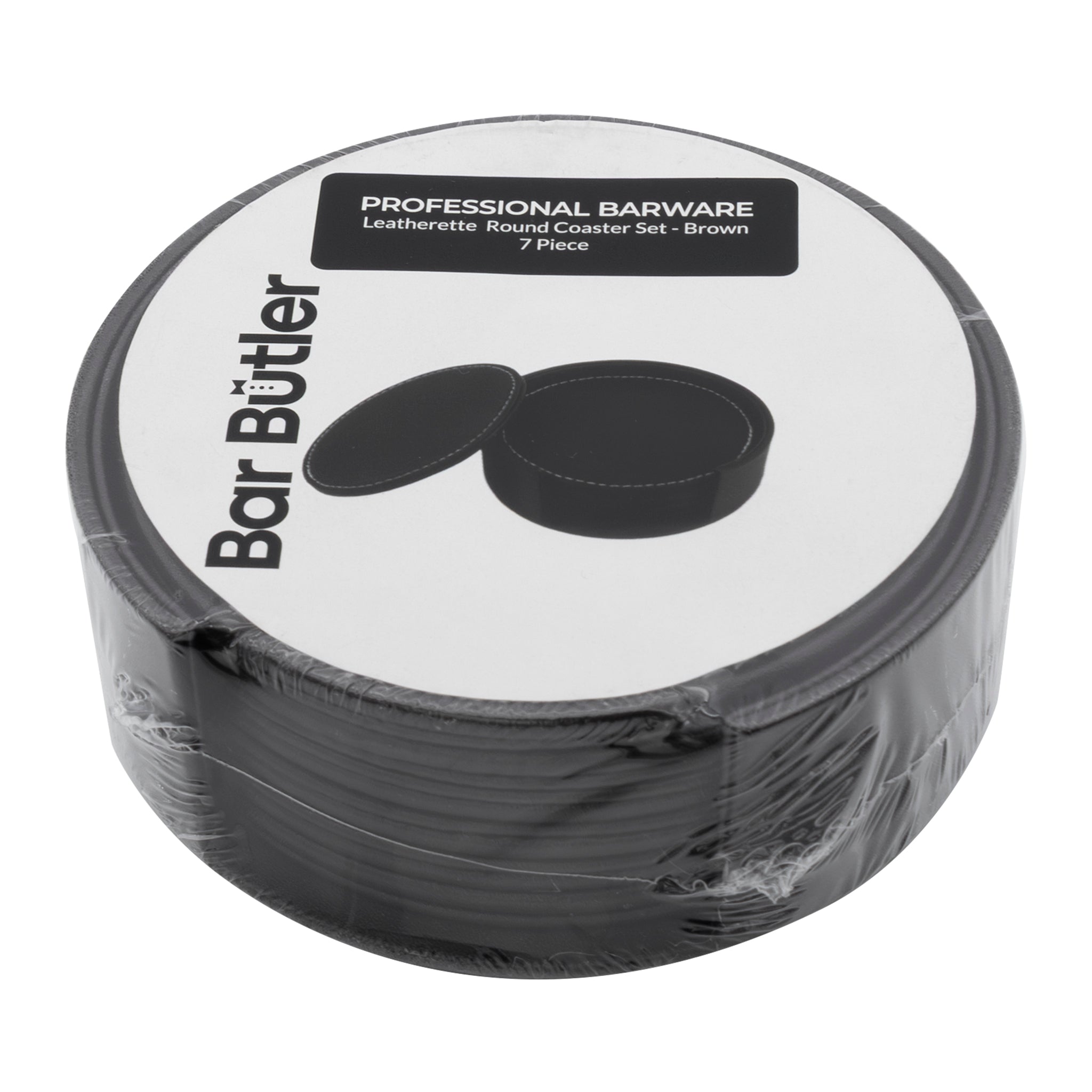 BAR BUTLER ROUND LEATHERETTE COASTERS IN HOLDER 7PCS SET