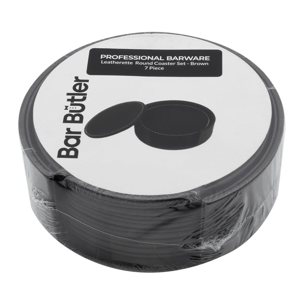 BAR BUTLER ROUND LEATHERETTE COASTERS IN HOLDER 7PCS SET