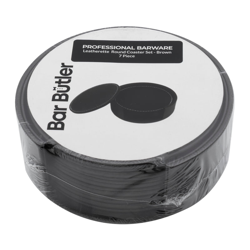 BAR BUTLER ROUND LEATHERETTE COASTERS IN HOLDER 7PCS SET